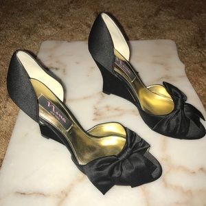 Satin Bow Peep-Toe Wedges